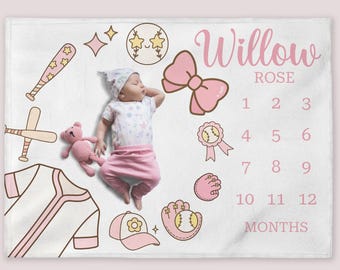 Pink Bow Milestone Blanket, Personalized Baseball Baby Girl Month Blanket, Nursery Custom Newborn Growth Tracker, New Mom Baby Shower Gift
