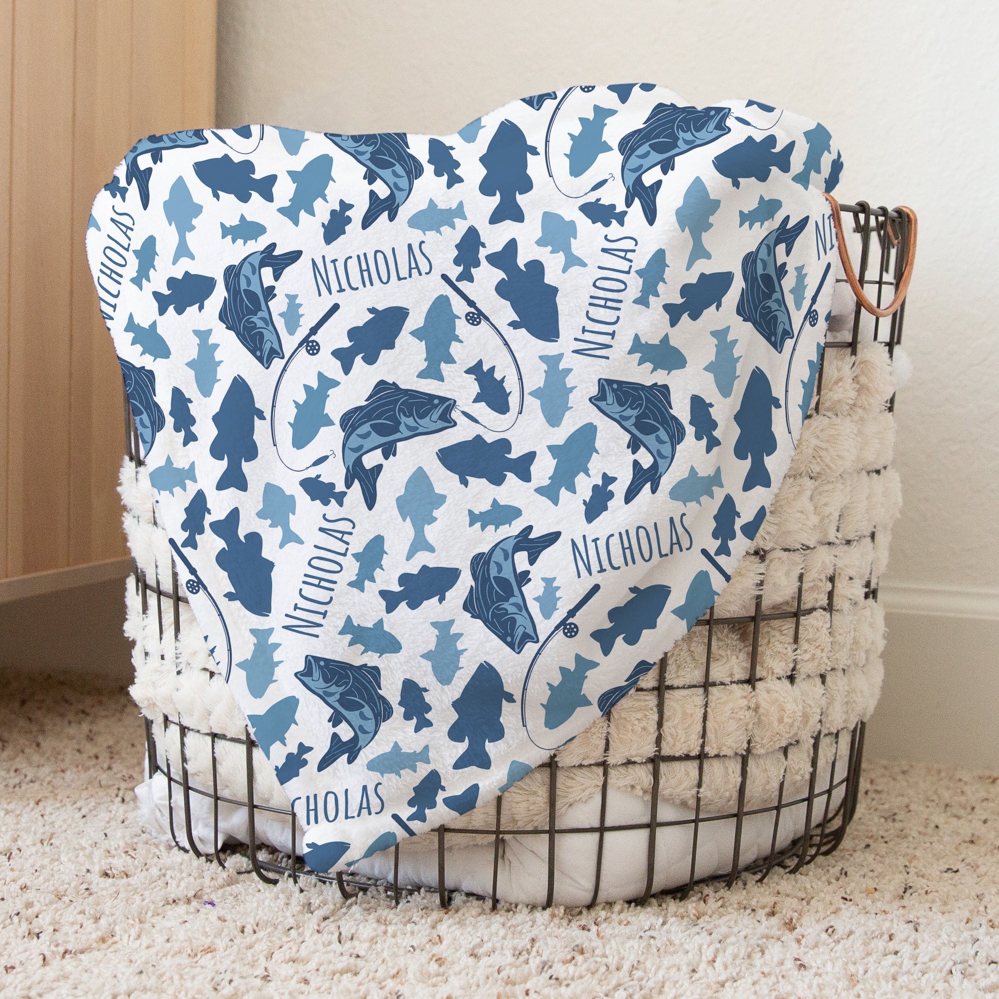 Personalized Fishing Swaddle Blanket Blue Fish Name Baby Blanket ...