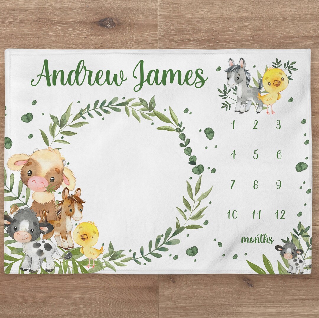Farm Animal Milestone Blanket Personalized Baby Boy Month Blanket Caw ...