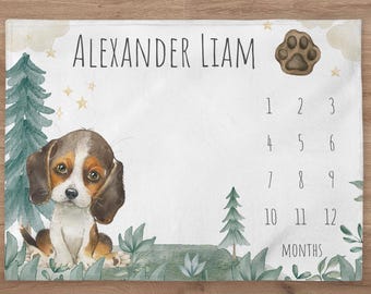 Doggy Milestone Blanket Personalized Puppy Dog Baby Boy Month Blanket Forest Nursery Custom Age Newborn Calendar Tracker New Mom Baby Gift