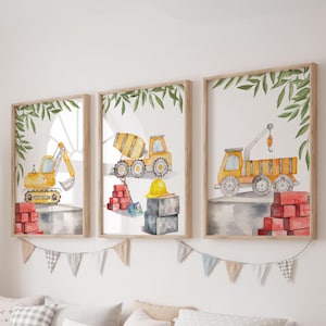 Set of 3 Construction Prints, Excavator Wall Art Set, Truck Posters, Modern Art, Kids Bedroom Decor, Boy Nursery Decor, Playroom Prints