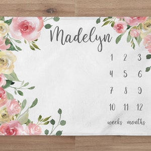 Pink Peach Floral Baby Girl Milestone Blanket, Pink Flowers Baby Name Blanket, Personalized Floral Baby Blanket, Floral Baby Shower Gift