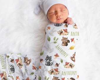 Custom Bear Baby Name Blanket, Personalized Baby Boy Woodland Swaddle, New Mom Gift, Newborn Gift, Woodland Baby Shower Gift