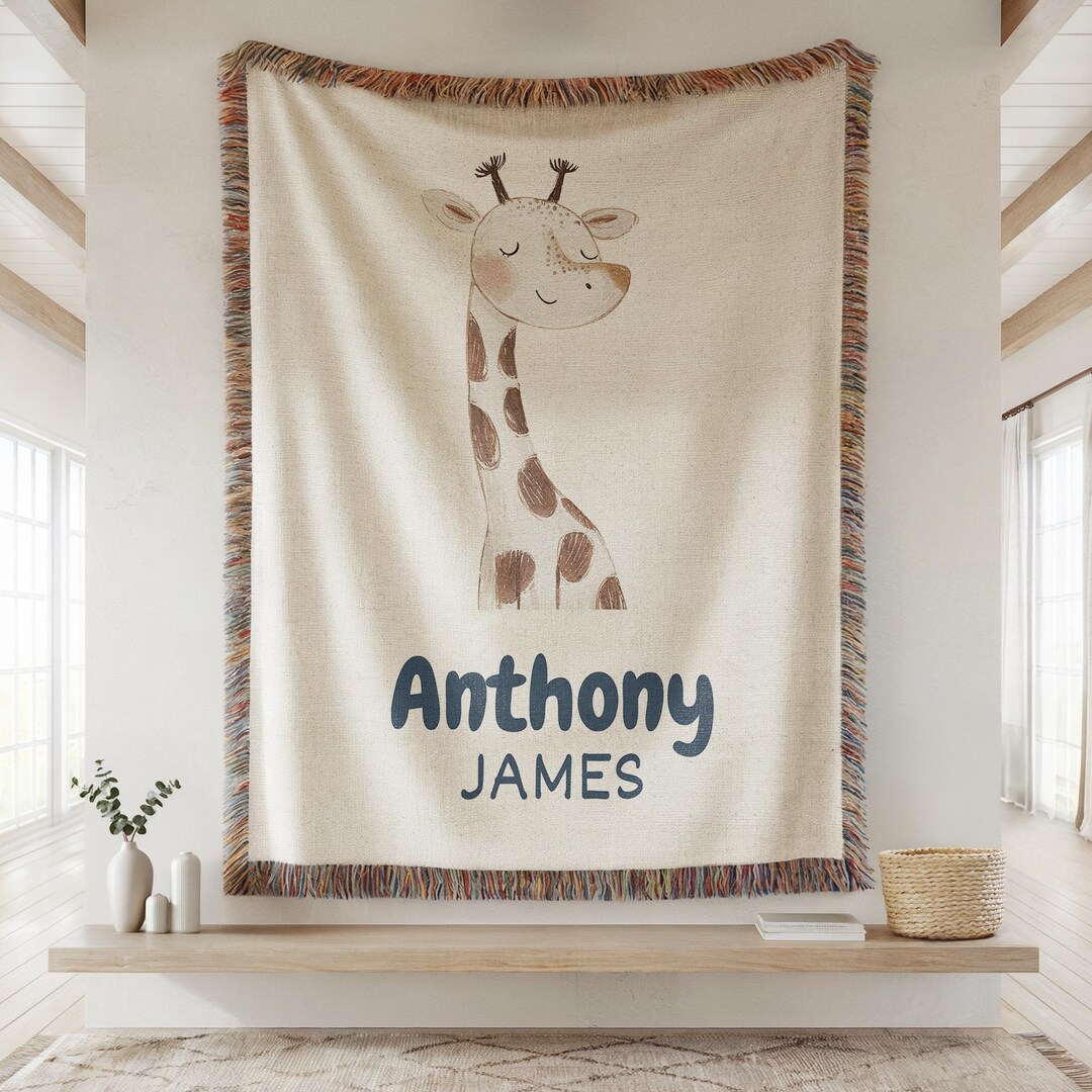 Personalized Giraffe Woven Baby Blanket With Name, Giraffe Safari ...