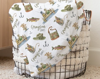 Custom Fishing Swaddle, Personalized Boy Name Blanket, Fish Swaddle, New Mom Gift, Newborn Gift, Gone Fishing Baby Shower Gift