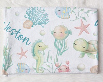 Ocean Name Swaddle, Turtle Swaddle, Custom Sea Animals Blanket, Personalized Boy Swaddle, New Mom Gift, Newborn Gift, Ocean Baby Shower Gift
