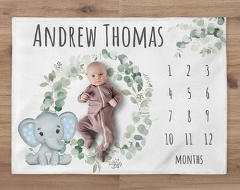 Elephant Milestone Blanket, Custom Safari Blanket, Personalized Greenery Baby Boy Month Blanket, Newborn Gift, Safari Baby Shower Gift