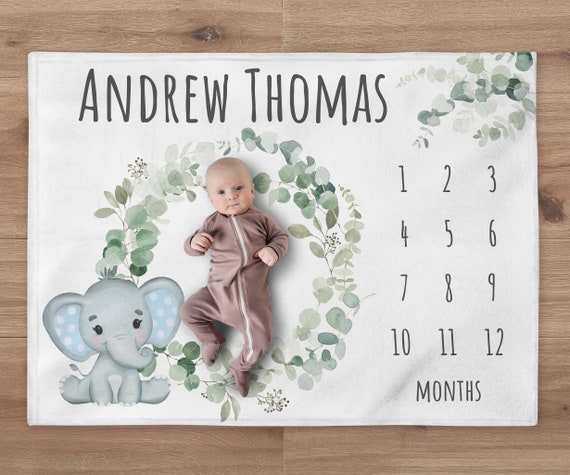 Elephant Milestone Blanket, Custom Safari Blanket, Personalized Greenery Baby Boy Month Blanket, Newborn Gift, Safari Baby Shower Gift