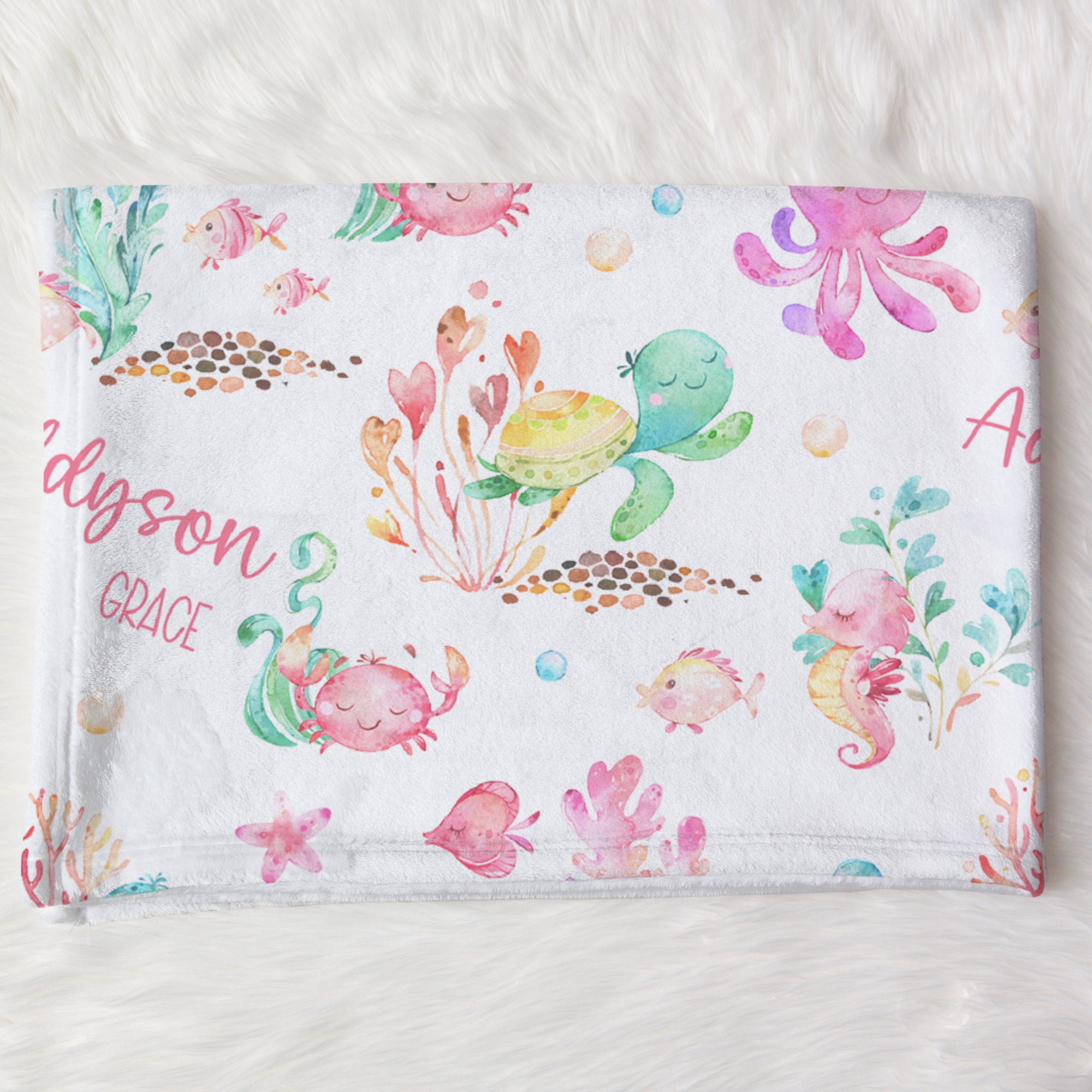 Sea Animals Name Swaddle, Custom Girl Ocean Blanket, Personalized ...