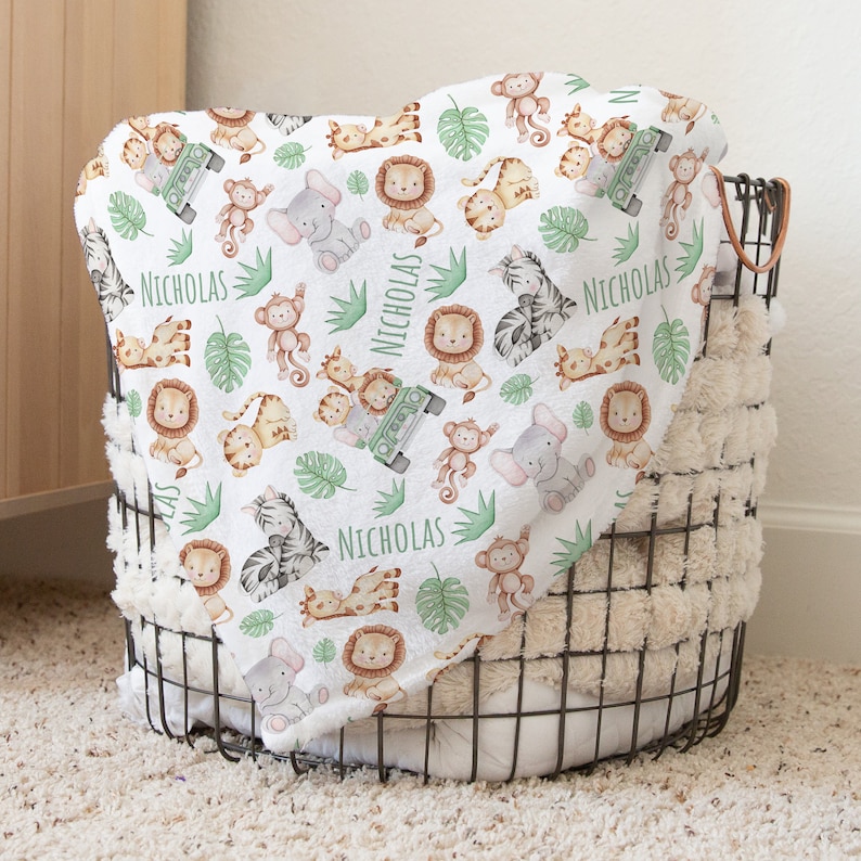 Custom Safari Animals Baby Name Blanket Personalized Elephant Giraffe ...