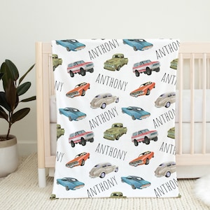 Custom Cars Baby Name Blanket, Personalized Baby Boy Vintage Cars Swaddle, New Mom Gift, Vehicle Newborn Gift, Retro Cars Baby Shower Gift image 2