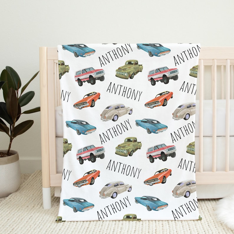 Custom Cars Baby Name Blanket, Personalized Baby Boy Vintage Cars Swaddle, New Mom Gift, Vehicle Newborn Gift, Retro Cars Baby Shower Gift image 2