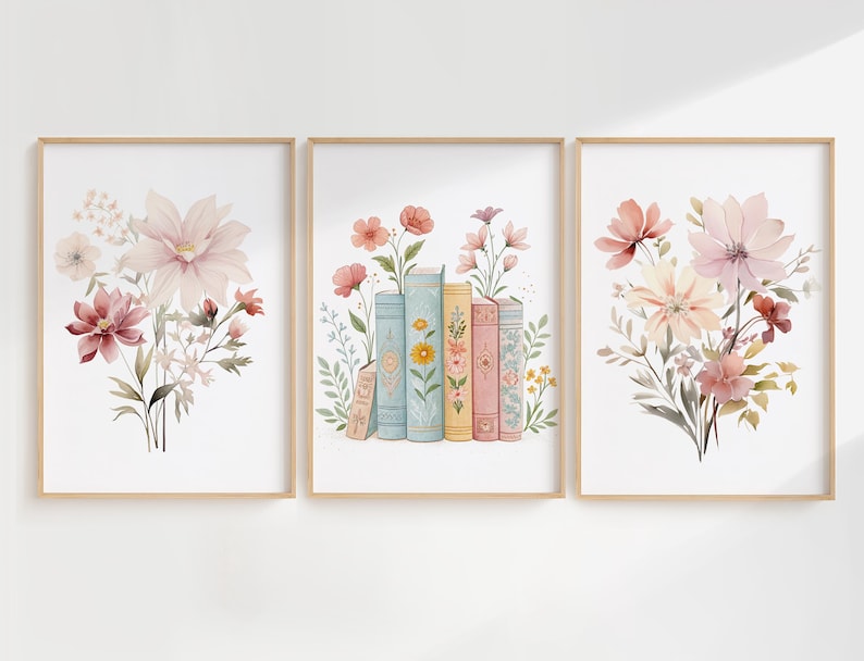 Set of 3 Floral Books Prints, Pink Flowers Wall Art Set, Books Posters ...