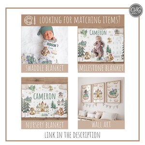May include: A set of four matching baby blankets and wall art featuring a dragon theme. The blankets are white with a green, blue, and gold dragon design. The wall art is a set of three framed prints with the same dragon design. The text "CAMERON" is printed on the blankets and wall art.