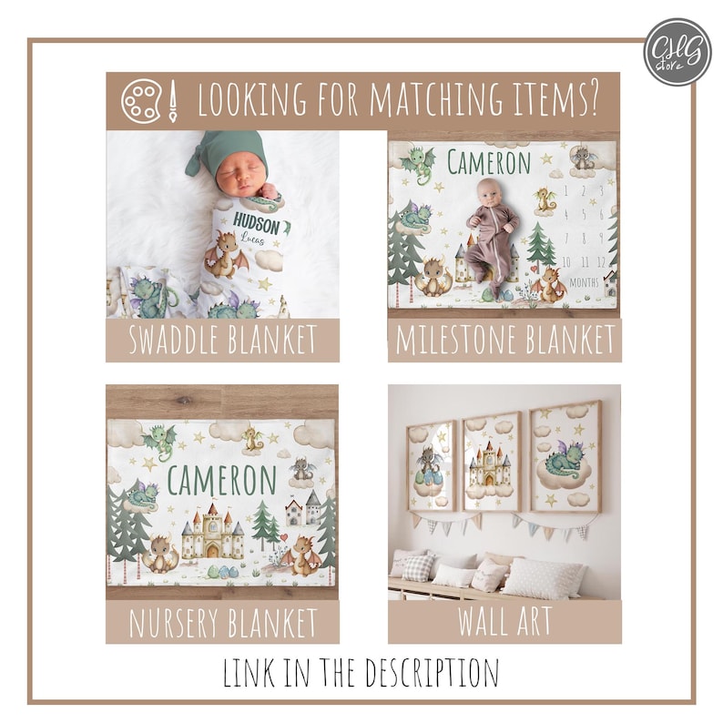 May include: A set of four matching baby blankets and wall art featuring a dragon theme. The blankets are white with a green, blue, and gold dragon design. The wall art is a set of three framed prints with the same dragon design. The text "CAMERON" is printed on the blankets and wall art.