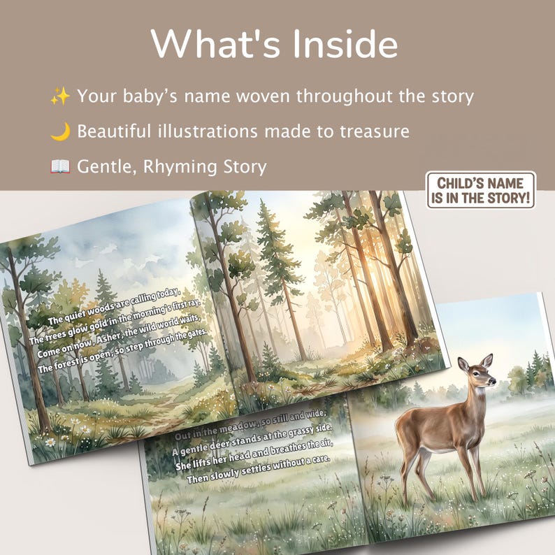 May include: A children's book with watercolor illustrations of a forest scene and a deer. The text reads "What's Inside" and highlights features like a baby's name woven into the story, beautiful illustrations, and a gentle, rhyming story. The text "CHILD'S NAME IS IN THE STORY!" is also visible.