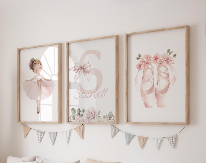 Custom Ballerina Prints, Set of 3 Ballet Nursery Wall Art, Boho, Pink Flowers Baby Girl Nursery Decor, Watercolor, Personalized Name Sign