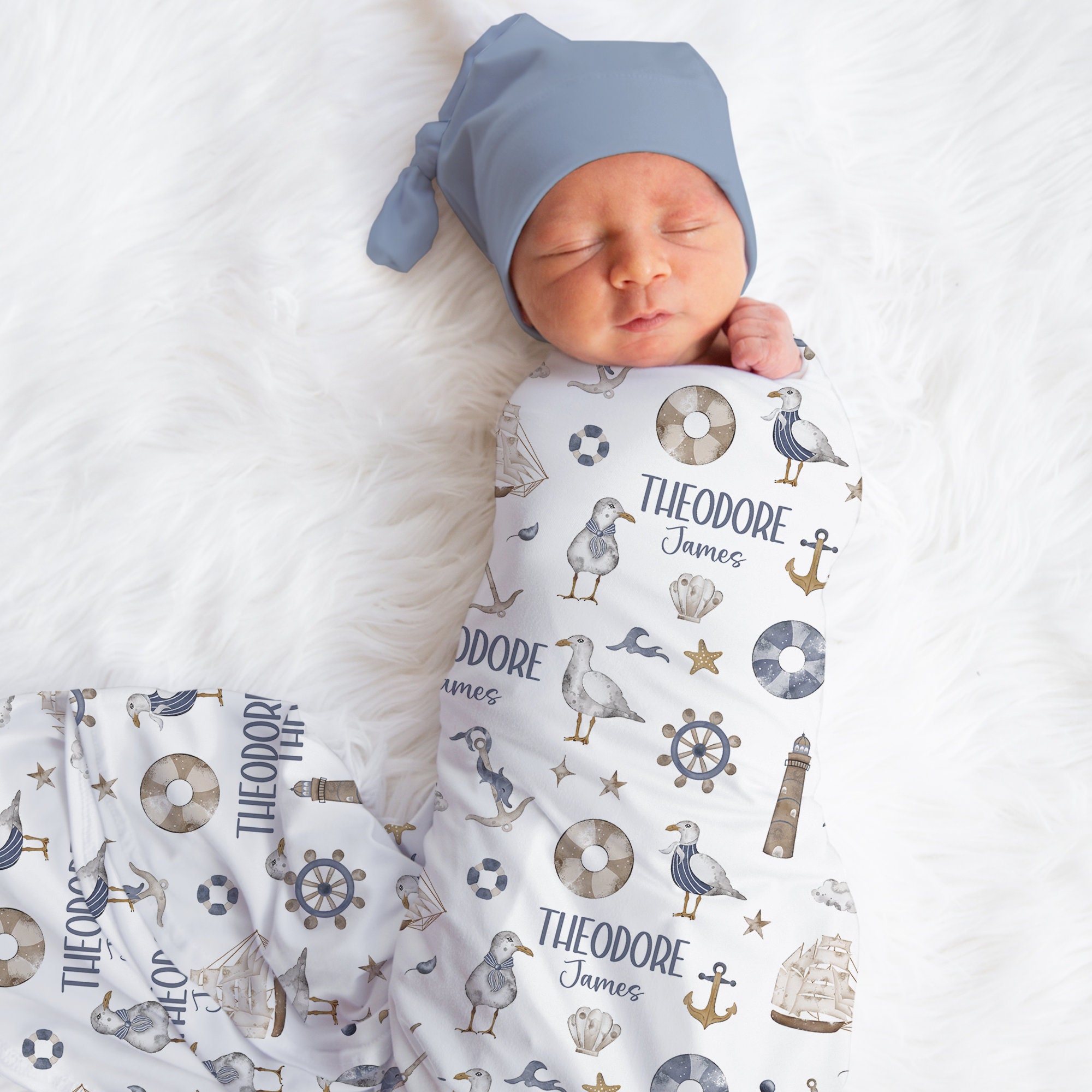 Custom Nautical Baby Name Blanket Personalized Sailor Swaddle Hospital ...