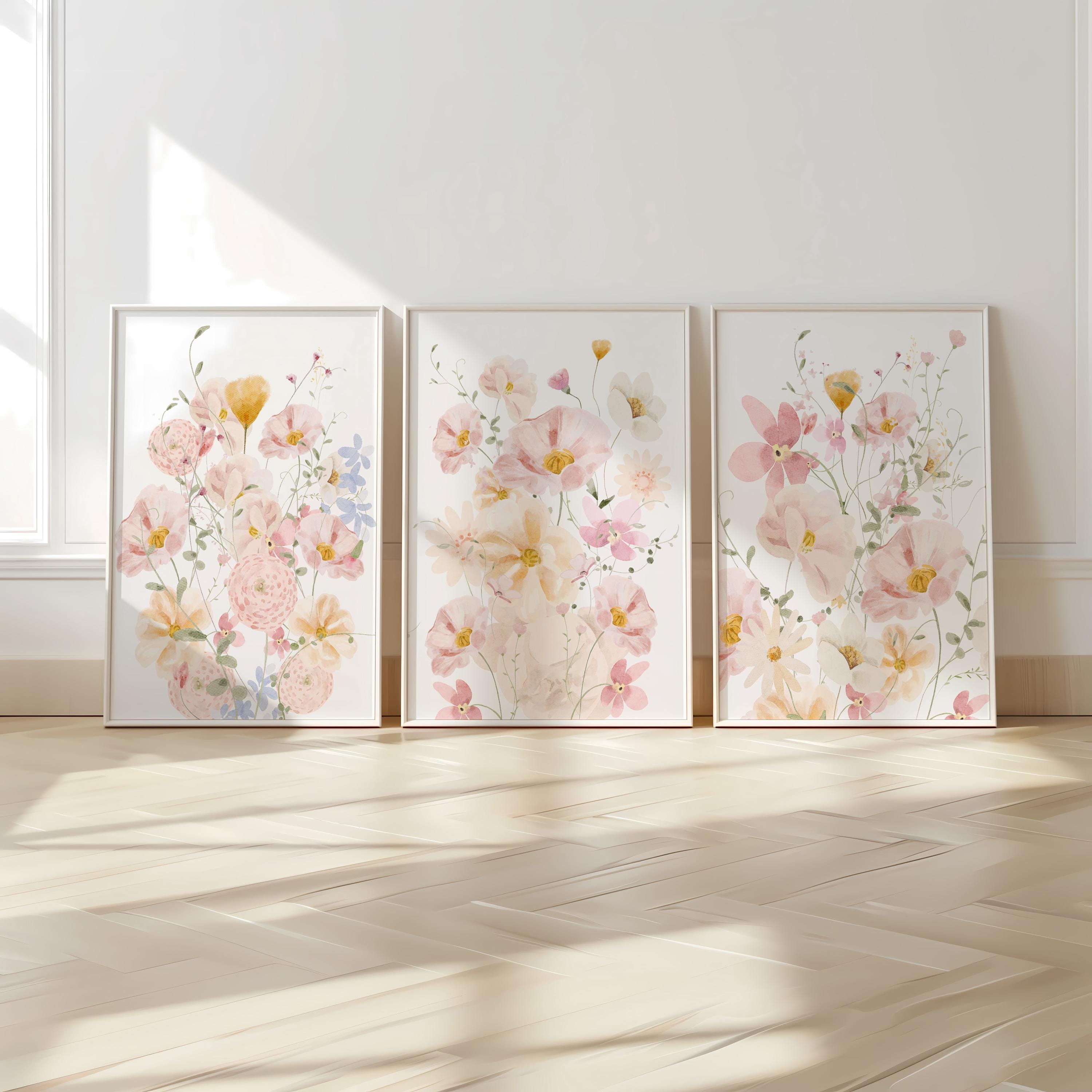 Set of 3 Wildflower Prints, Pink Flowers Wall Art Set, Floral Posters ...