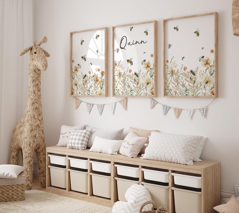 Custom Wildflowers Prints, Set of 3 Bees Nursery Wall Art, Boho, Baby ...