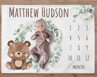 Bear Milestone Blanket, Custom Woodland Blanket, Personalized Greenery Baby Boy Month Blanket, Newborn Gift, Woodland Baby Shower Gift