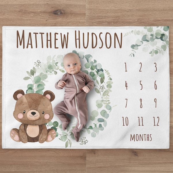 Bear Milestone Blanket, Custom Woodland Blanket, Personalized Greenery Baby Boy Month Blanket, Newborn Gift, Woodland Baby Shower Gift