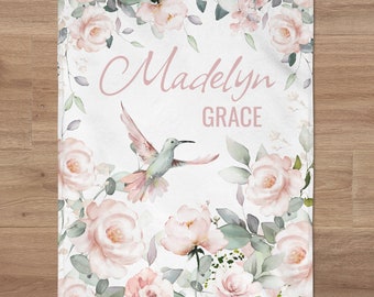 Personalized Floral Baby Girl Name Blanket | Watercolor Pink Rose And Bird Name Blanket |  Custom Flowers Theme Nursery | Baby Shower Gift
