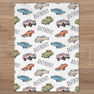 Custom Cars Baby Name Blanket, Personalized Baby Boy Vintage Cars Swaddle, New Mom Gift, Vehicle Newborn Gift, Retro Cars Baby Shower Gift image 4