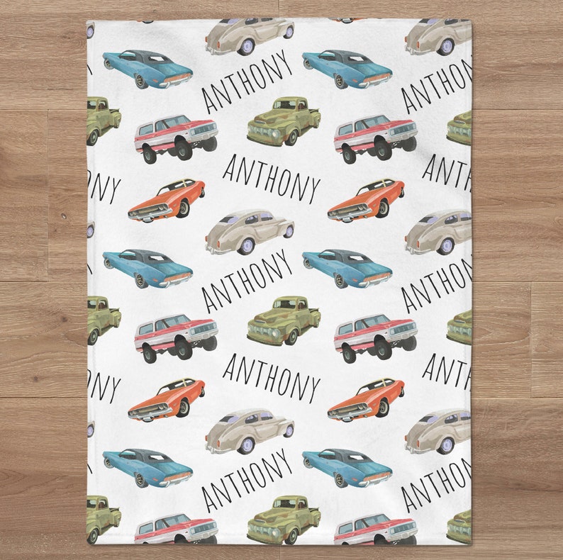 Custom Cars Baby Name Blanket, Personalized Baby Boy Vintage Cars Swaddle, New Mom Gift, Vehicle Newborn Gift, Retro Cars Baby Shower Gift image 4