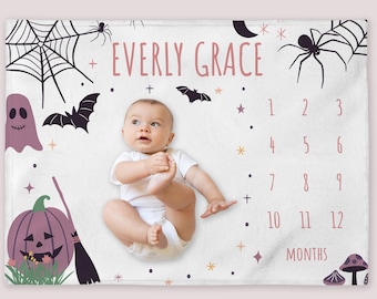 Pumpkin Milestone Blanket, Personalized Bat Baby Girl Month Blanket, Witch Nursery Custom Newborn Growth Tracker, New Mom Baby Shower Gift