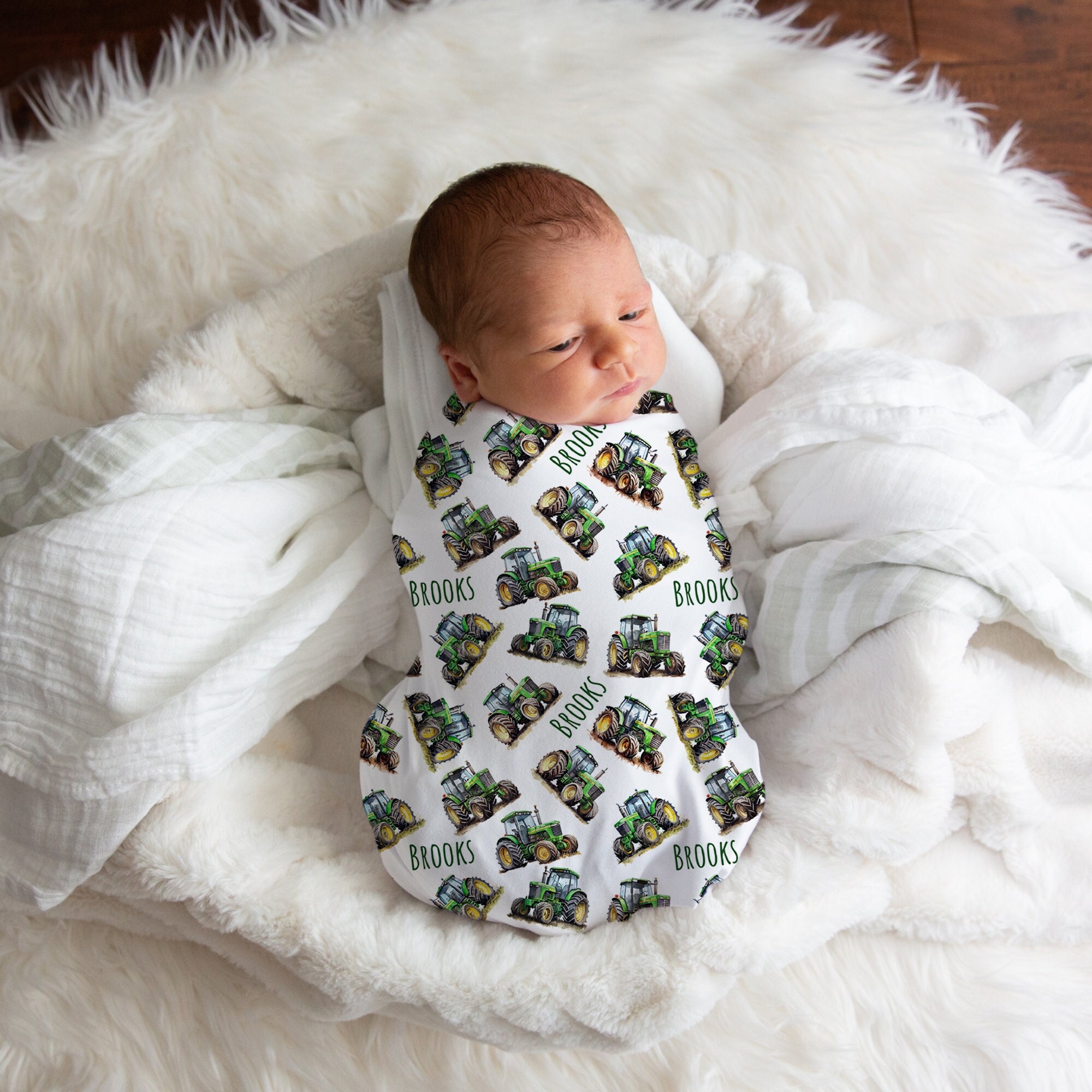 Custom Tractor Swaddle Personalized Baby Boy Name Blanket, Farm Nursery, New Mom Gift, Newborn Gift, Baby Shower Gift
