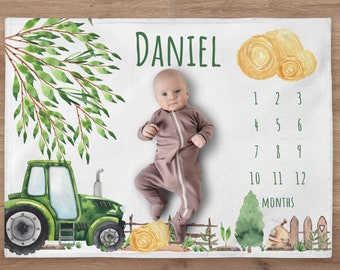 Tractor Milestone Blanket Personalized Baby Boy Month Blanket Farm Nursery Custom Growth Newborn Calendar Tracker New Mom Baby Shower Gift