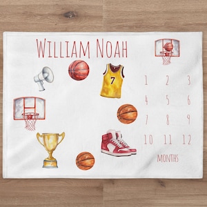 Basketball Milestone Blanket Personalized Baby Boy Month Blanket Sport Nursery Custom Age Newborn Calendar Tracker New Mom Baby Shower Gift