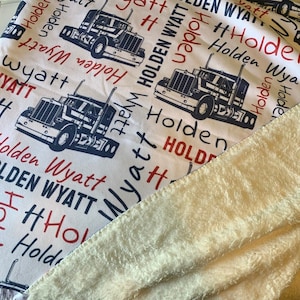 Personalized Semi Truck Baby Boy Blanket, Trucker Name Blanket, Custom Construction Name Blanket, Nursery Bedding, Truck Baby Shower Gift