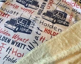 Personalized Semi Truck Baby Boy Blanket, Trucker Name Blanket, Custom Construction Name Blanket, Nursery Bedding, Truck Baby Shower Gift