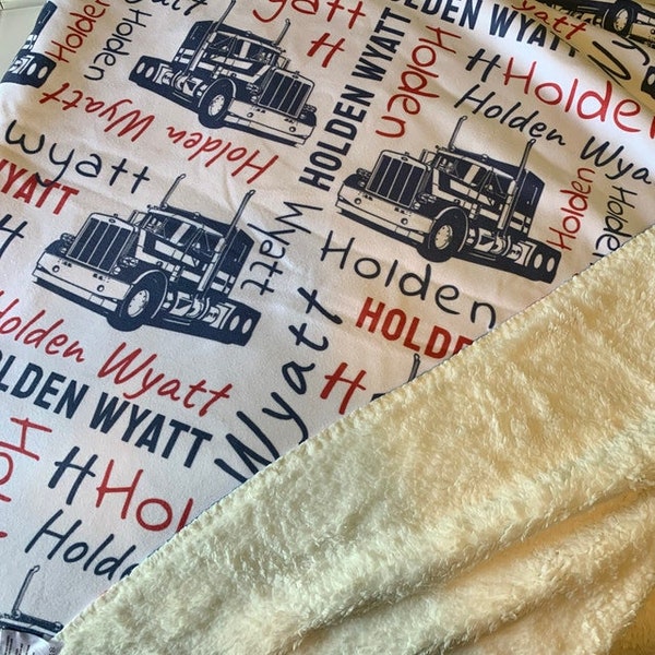 Personalized Semi Truck Baby Boy Blanket, Trucker Name Blanket, Custom Construction Name Blanket, Nursery Bedding, Truck Baby Shower Gift