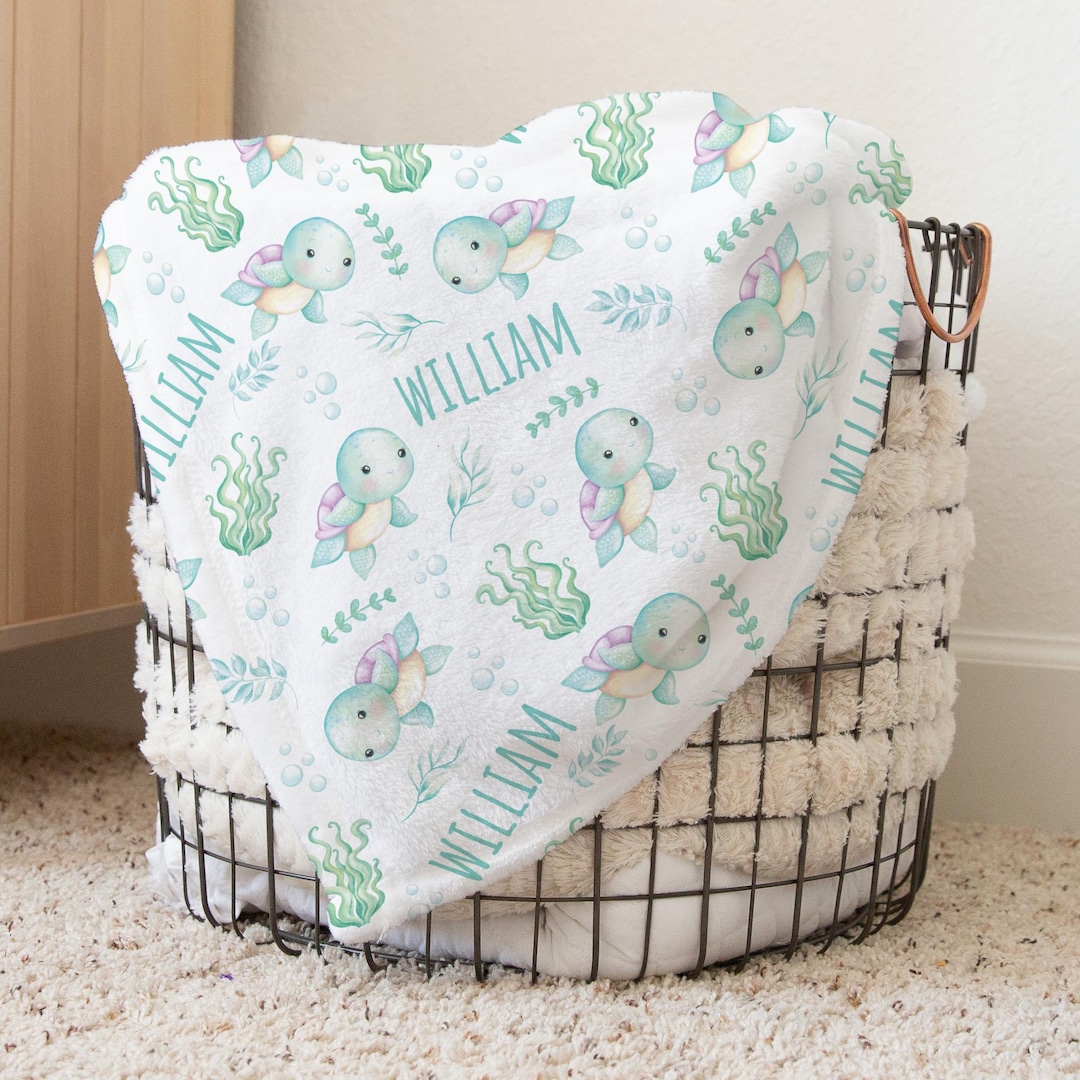 Custom Turtle Nursery Baby Name Blanket, Personalized Underwater ...