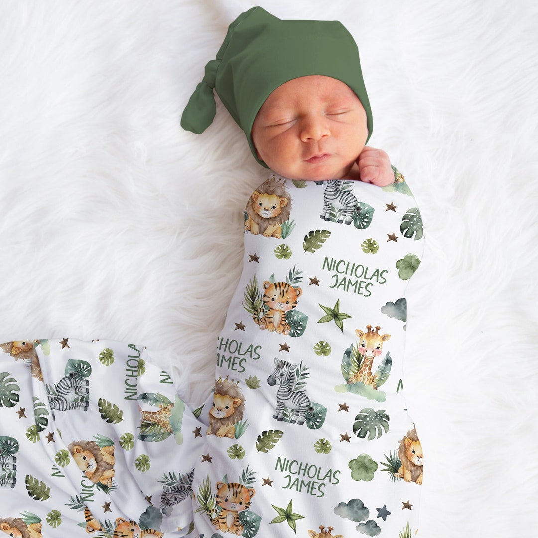 Personalized Safari Swaddle Blanket Giraffe Lion Zebra Name Baby ...