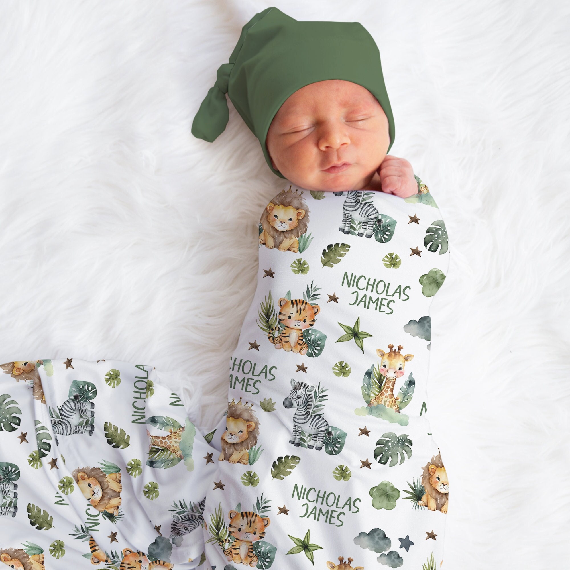 Personalized Safari Swaddle Blanket Giraffe Lion Zebra Name Baby ...