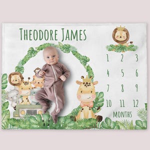 Safari Milestone Blanket, Personalized Hippo Baby Boy Month Blanket, Giraffe Nursery Custom Newborn Growth Tracker, New Mom Baby Shower Gift