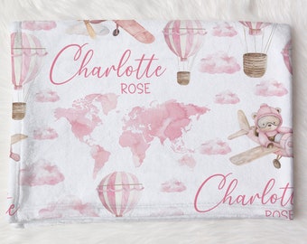 Personalized Hot Air Balloon Swaddle Blanket World Map Name Baby Blanket Newborn Baby Girl Coming Home Hospital Outfit Baby Shower Gift