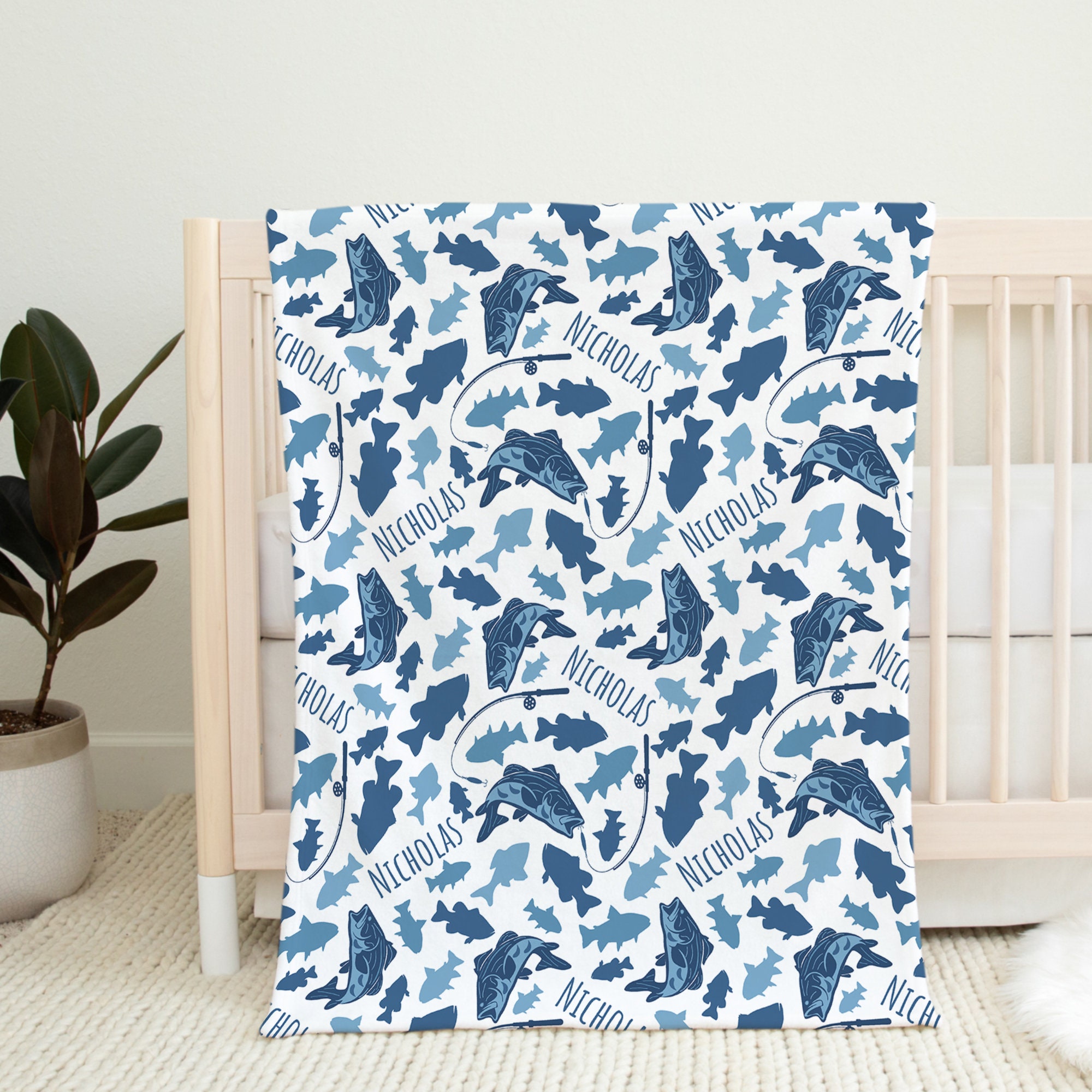 Personalized Fishing Swaddle Blanket Blue Fish Name Baby Blanket ...