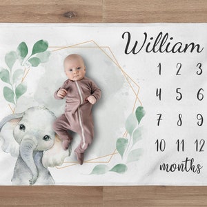 Custom Gender Neutral Elephant Milestone Blanket, Greenery Wreath Baby Month Blanket, Personalized Girl Boy Blanket, Baby Shower Gift