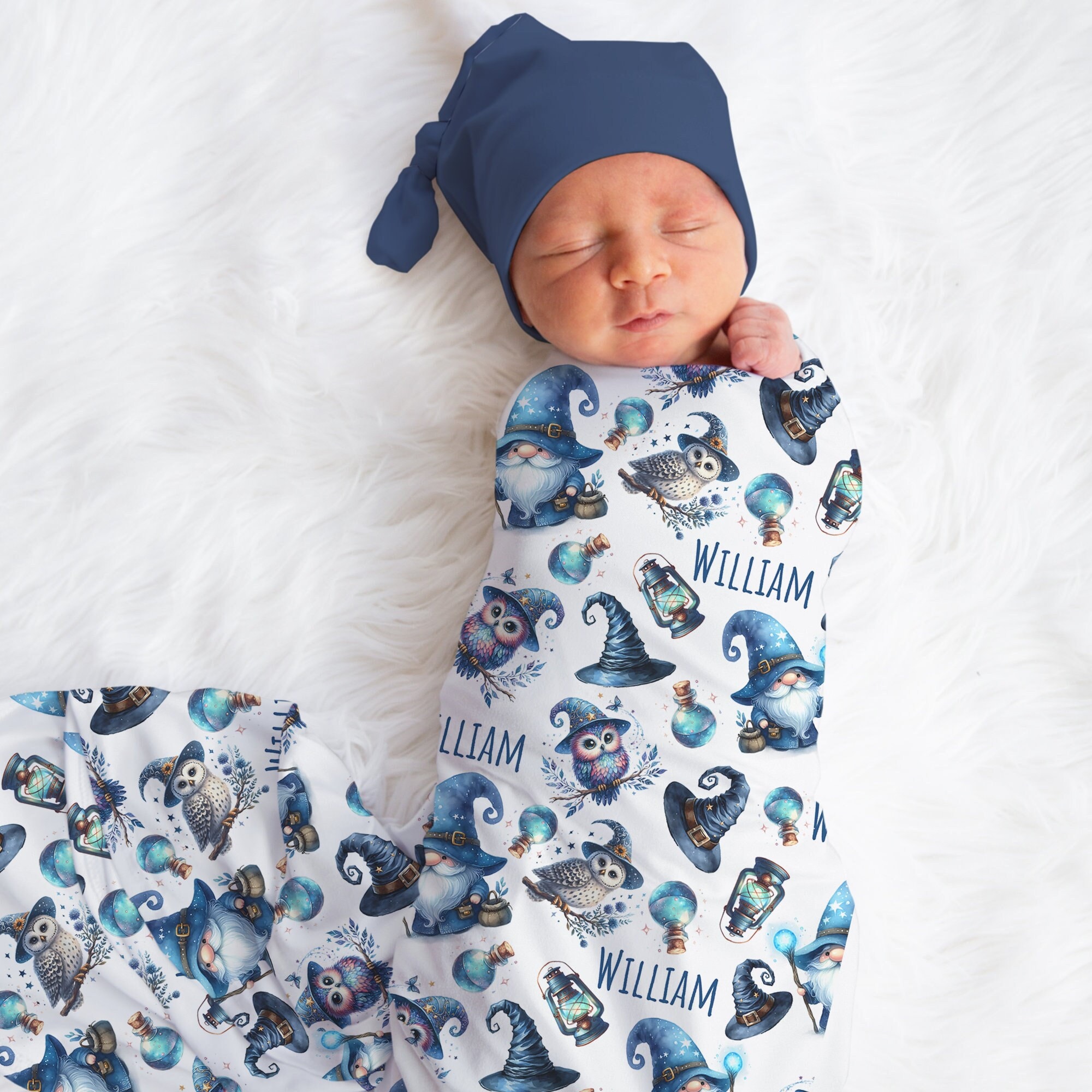 Personalized Wizard Swaddle Blanket Magic Owl Name Baby Blanket Newborn Baby Boy Coming Home Outfit 
