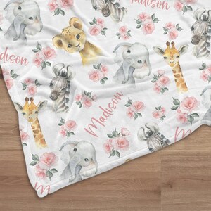 Custom Floral Giraffe Swaddle Blanket Pink Flower Elephant Name Baby ...