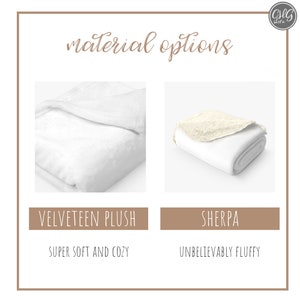 Op de afbeelding: Twee witte dekens, een met een fluweelzachte pluche textuur en de andere met een sherpa textuur. De tekst "VELVETEEN PLUSH" en "SUPER SOFT AND COZY" staan onder de eerste deken. De tekst "SHERPA" en "UNBELIEVABLY FLUFFY" staan onder de tweede deken.