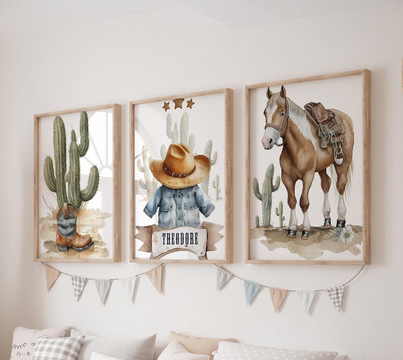 Custom Cowboy Prints, Set of 3 Western Nursery Wall Art, Boho Horse ...