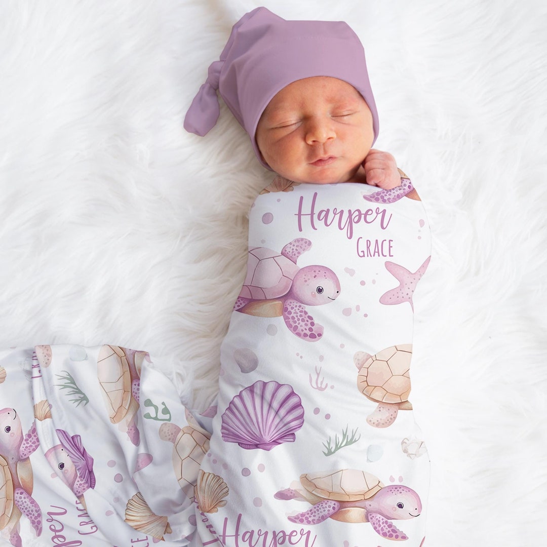 Personalized Turtle Swaddle Blanket Sea Shell Name Baby Blanket Newborn ...