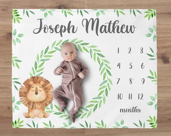 Baby Boy Lion Milestone Blanket, Safari Animals Milestone Blanket, Monthly Baby Milestone Blanket, Safari Nursery, Eucalyptus Name Blanket