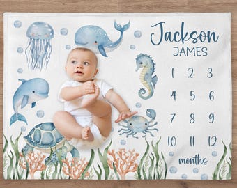 Ocean Milestone Blanket, Personalized Baby Boy Month Blanket, Sea Animals Nursery Custom Newborn Growth Tracker, New Mom Baby Shower Gift